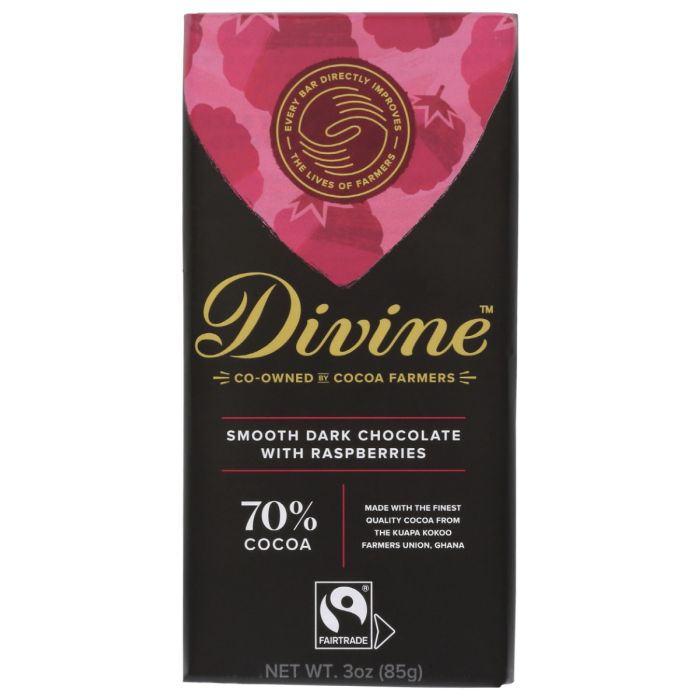 DIVINE CHOCOLATE: 70% Dark Chocolate Bar with Raspberries, 3 oz