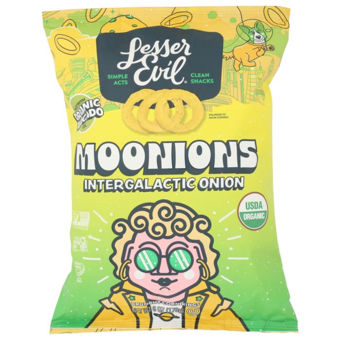 LESSER EVIL: Organic Moonions Intergalactic Onion Crunchy Corn Rings, 6 oz