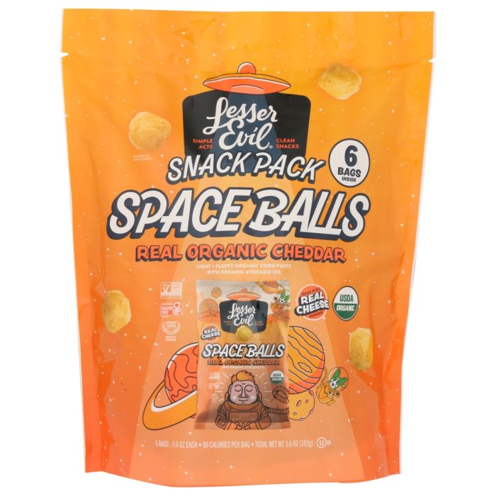 LESSER EVIL: Organic Real Organic Cheddar Space Balls Puffs 6Pc, 3.6 oz