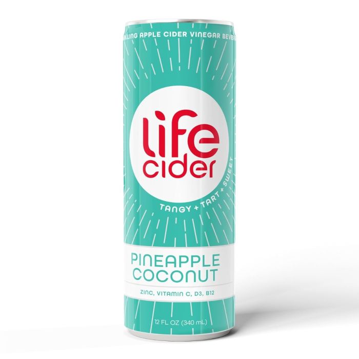 LIFE CIDER: Pineapple Coconut Sparkling Apple Cider Vinegar Lemonade, 12 fo