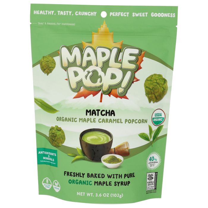 MAPLE POP: Matcha Organic Maple Caramel Popcorn, 3.6 oz