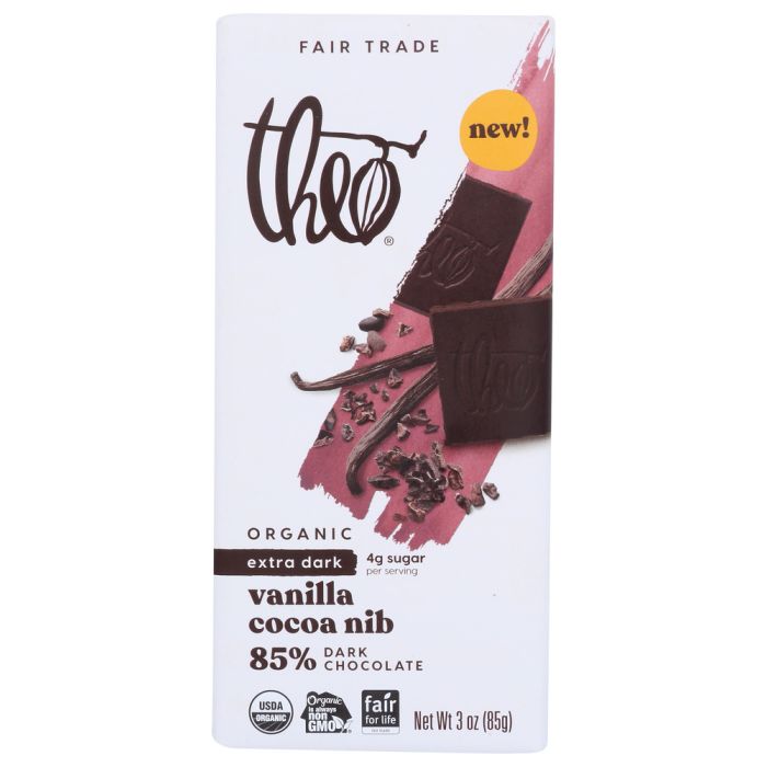 THEO CHOCOLATE: Vanilla Cocoa Nib Dark Chocolate Bar, 3 oz