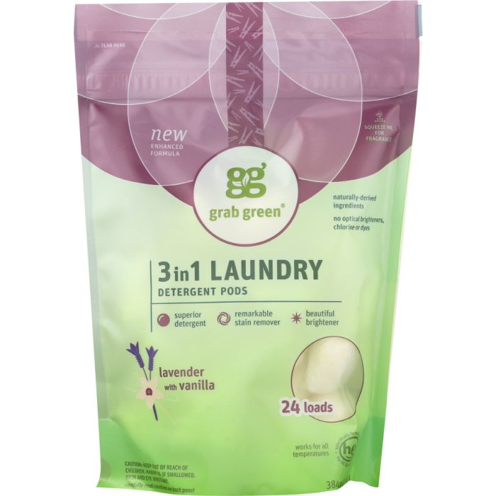 GRABGREEN: 3-in-1 Laundry Detergent Pods Lavender 24 Loads, 15.2 Oz