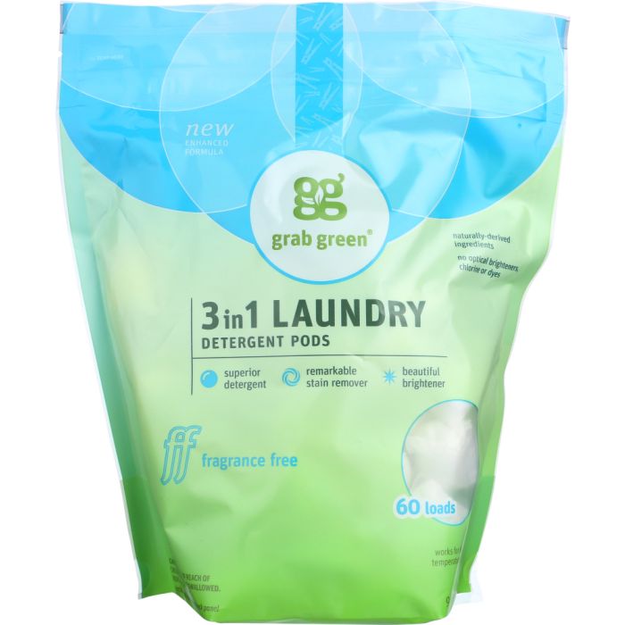 GRAB GREEN: 3-in-1 Laundry Detergent Pods Fragrance Free 60 Pods, 2.4 Lb