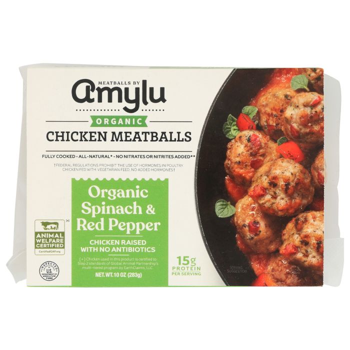 AMYLU FOODS: Organic Spinach And Roasted Red Pepper Chicken Meatballs, 10 oz
