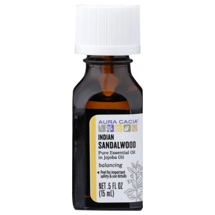 AURA CACIA: Indian Sandalwood Essential Oil in Jojoba Oil, 0.5 oz