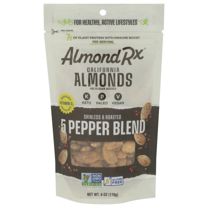 ALMONDRX: Five Pepper Blend Skinless and Roasted Almonds, 6 oz