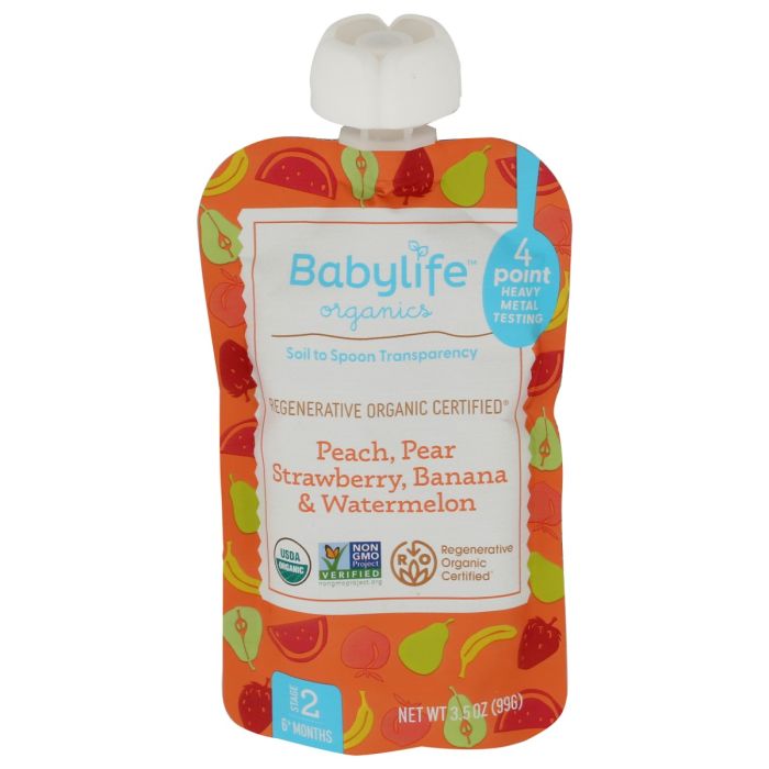 BABYLIFE ORGANICS: Peach Pear Strawberry Banana Watermelon Pouch, 3.5 oz