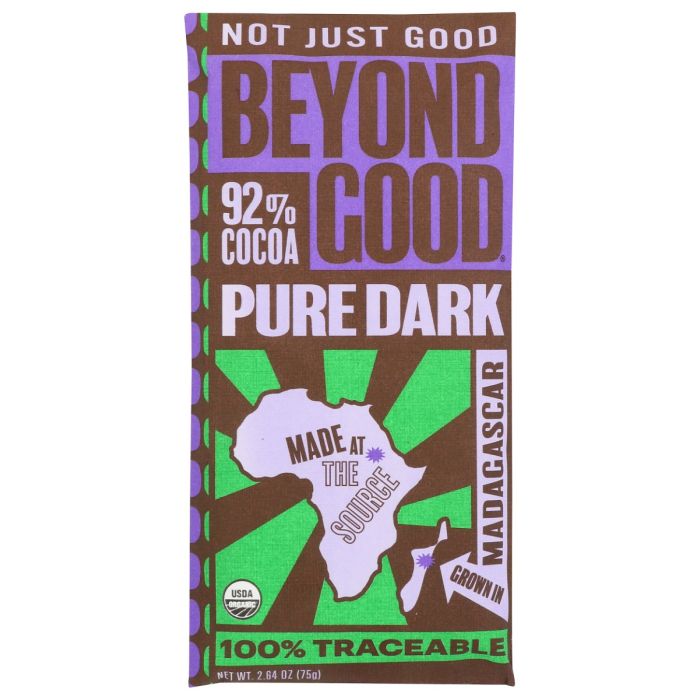 MADECASSE: Pure Dark Chocolate Bar 92 Percent Cocoa, 2.64 oz