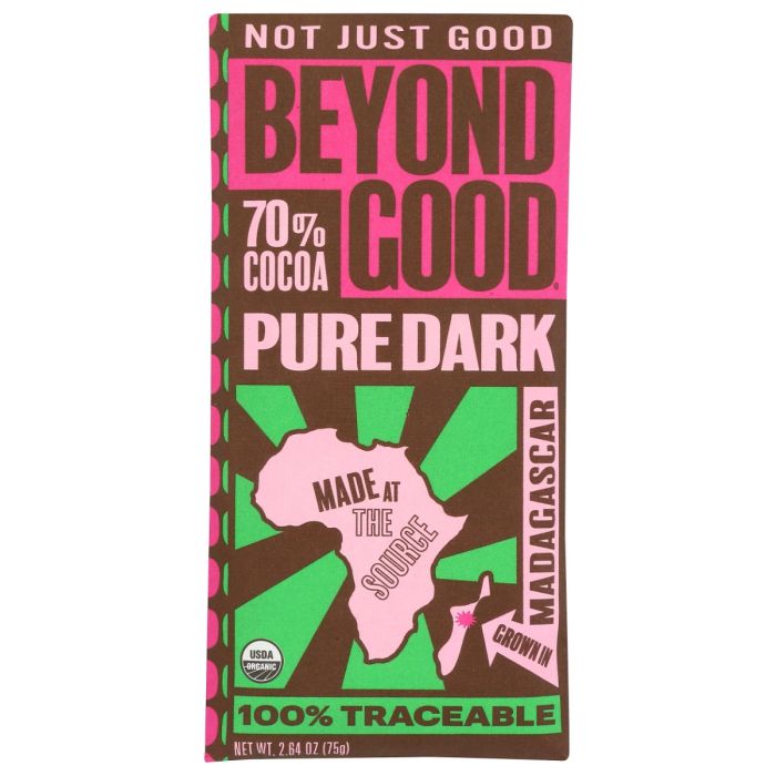 BEYOND GOOD: Madagascar 70 Percent Pure Dark Chocolate Bar, 2.64 oz