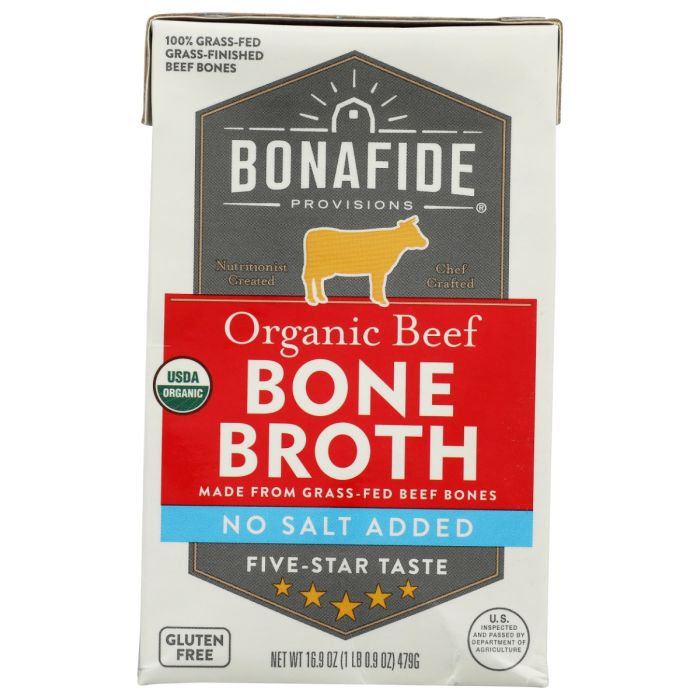 BONAFIDE PROVISIONS: Organic Beef Bone Broth No Salt Added, 16.9 oz