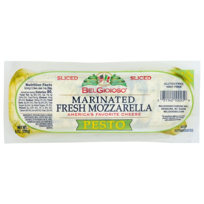BELGIOIOSO: Sliced Marinated Fresh Pesto Mozzarella Cheese, 8 oz