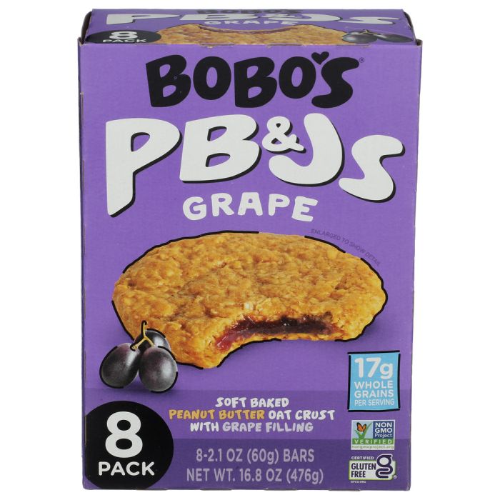 BOBOS OAT BARS: Grape PB and J Oat Snacks 8 Count, 16.8 oz