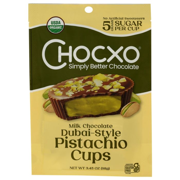 CHOCXO: Milk Chocolate Dubai Style Pistachio Cups, 3.45 oz