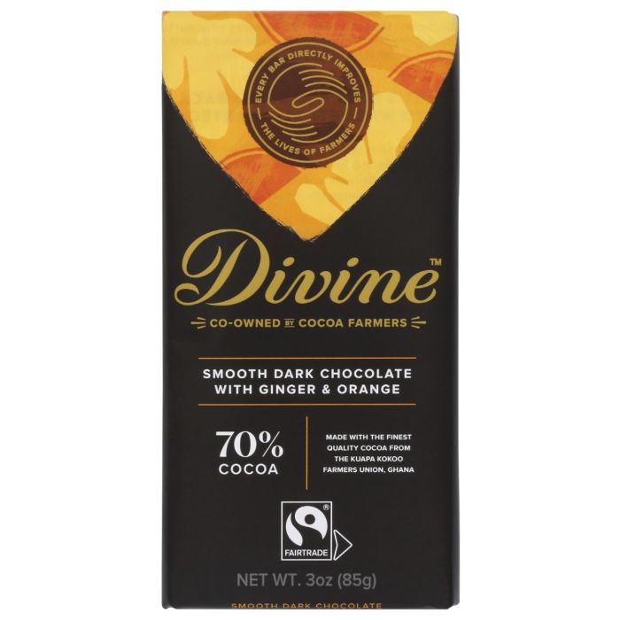 DIVINE CHOCOLATE: Dark Chocolate Bar with Ginger and Orange, 3 oz