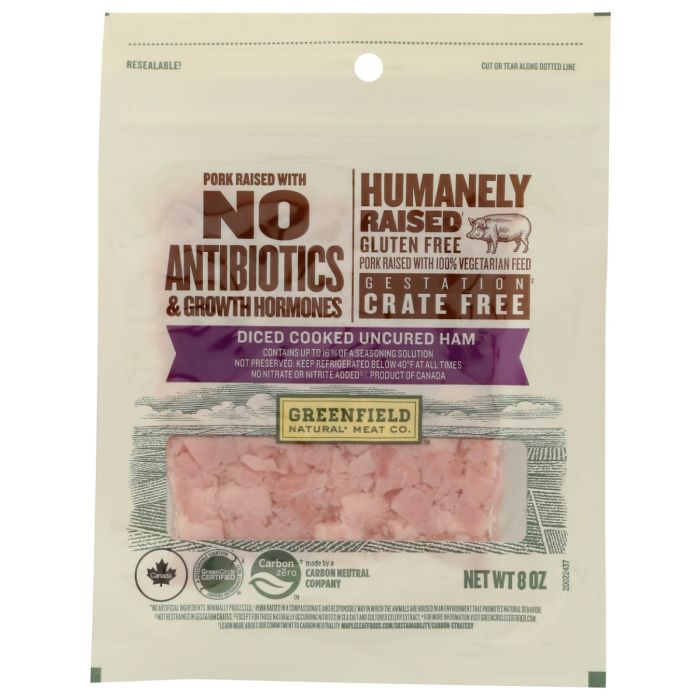 GREENFIELD: Diced Cooked Uncured Ham, 8 oz