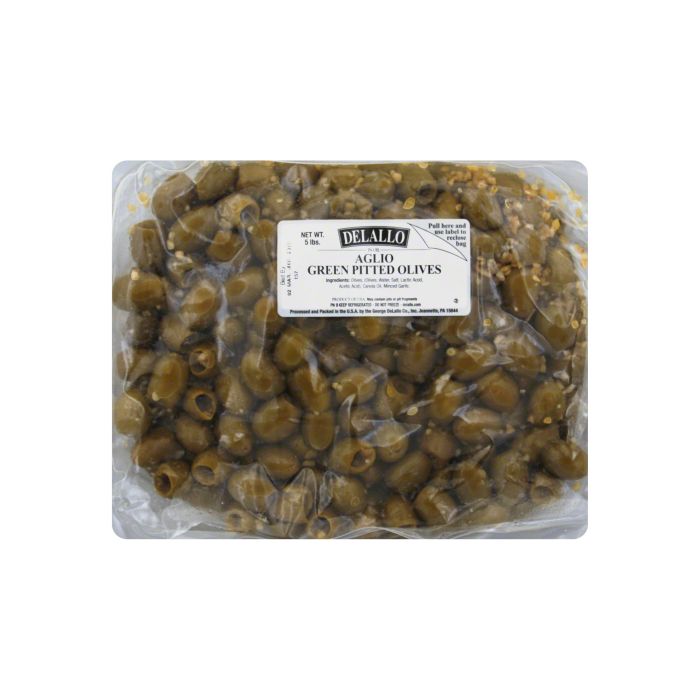 DELALLO: Italian Aglio Green Pitted Olives, 5 lb