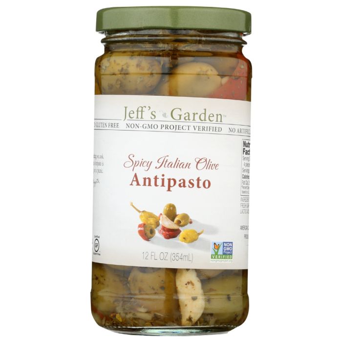 JEFFS GARDEN: Spicy Italian Olive Antipasto, 12 oz