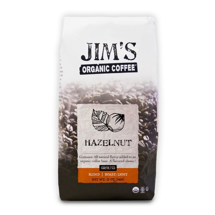 JIMS ORGANIC COFFEE: Hazelnut Ground Coffee, 12 oz
