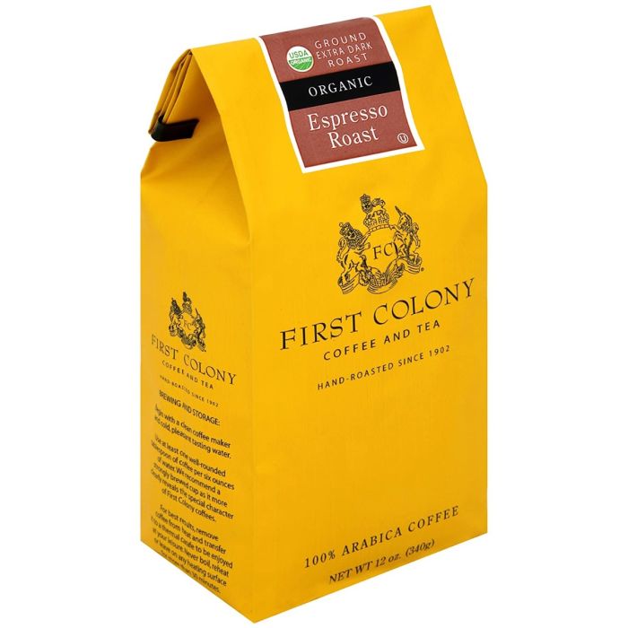 FIRST COLONY: Organic Espresso Roast Extra Dark Roast Coffee, 12 oz