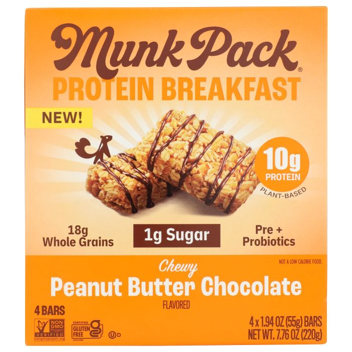 MUNK PACK: Peanut Butter Chocolate Probiotic Protein Breakfast Bar 4Pk, 7.76 oz