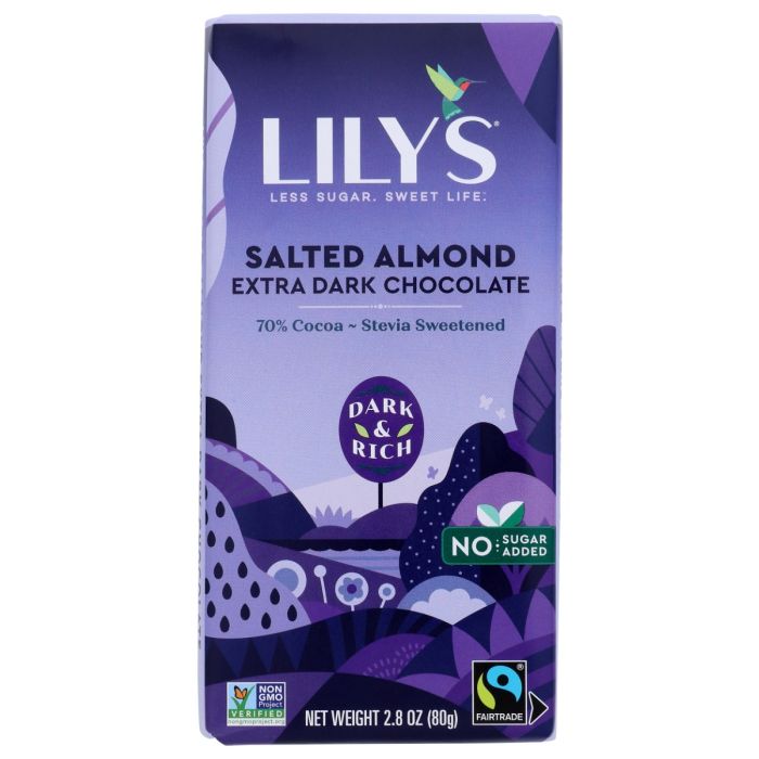 LILYS SWEETS: Salted Almond Extra Dark Chocolate Bar, 2.8 oz