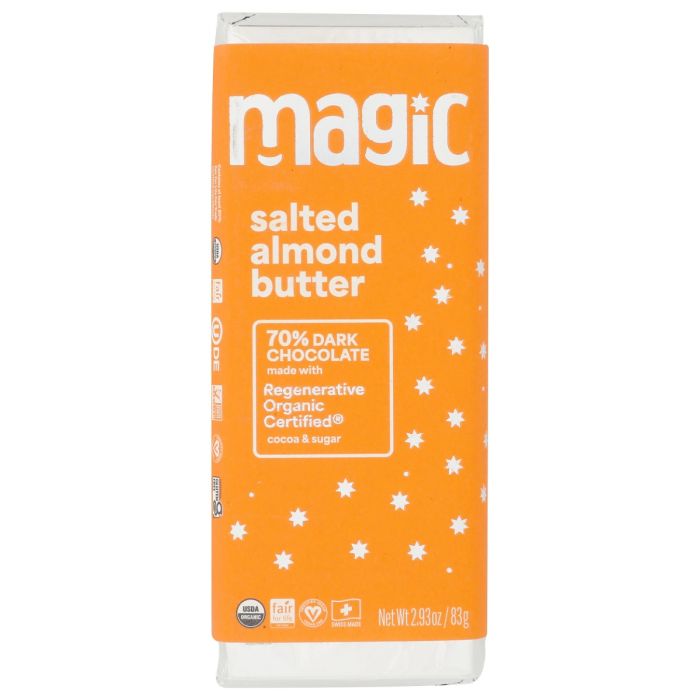 MAGIC CHOCOLATE: Salted Almond Butter 70 Percent Dark Chocolate Bar, 2.93 oz