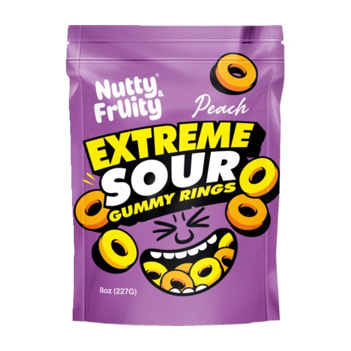NUTTY AND FRUITY: Peach Extreme Sour Gummy Rings, 8 oz