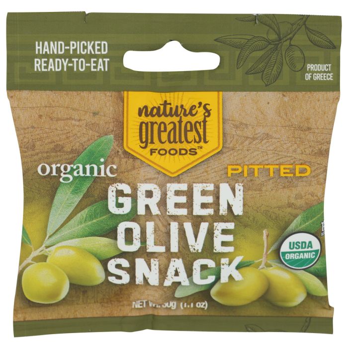 NATURES GREATEST FOODS: Organic Green Pitted Olive Snack, 1.1 oz