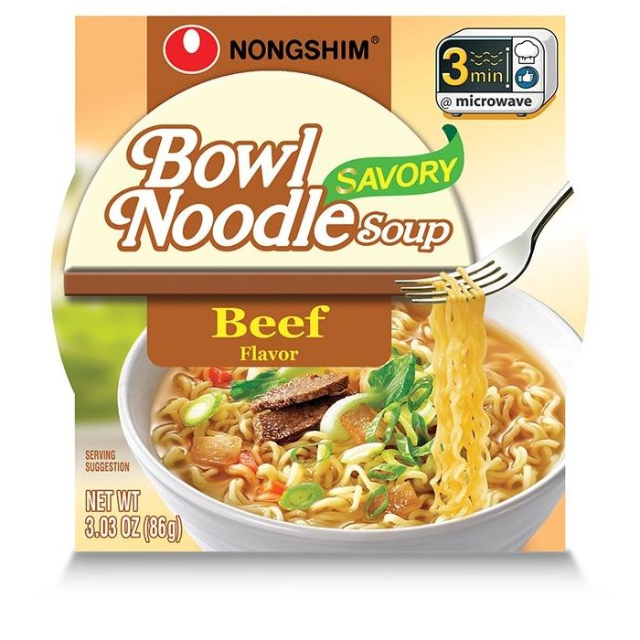 NONG SHIM: Savory Beef Bowl Noodle Soup, 3.03 oz