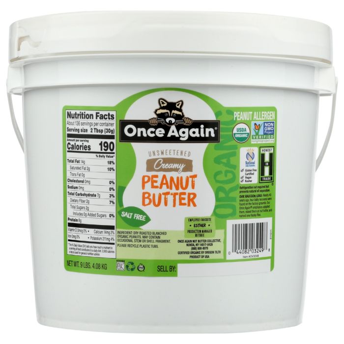 ONCE AGAIN: Unsweetened Creamy Peanut Butter No Salt, 9 lb
