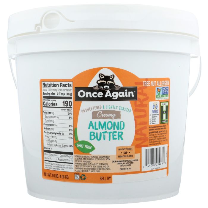 ONCE AGAIN: Creamy Almond Butter Unsweetened and Lightly Toasted No Salt, 9 lb