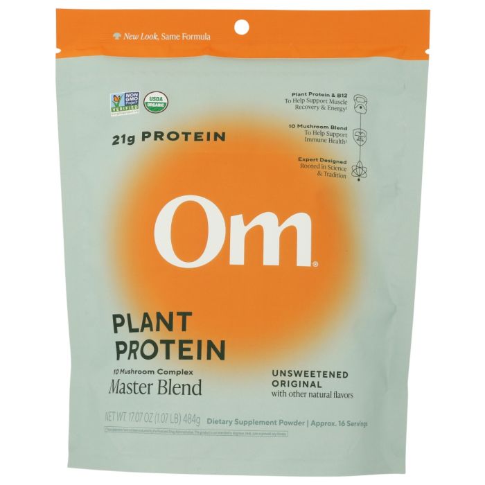 OM MUSHROOMS: Master Blend Plant Protein Unsweetened Original, 17.07 oz