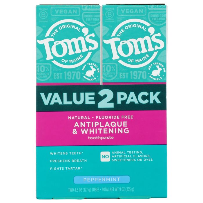 TOMS OF MAINE: Fluoride Free Antiplaque and Whitening Toothpaste Peppermint 2Pk, 9 oz