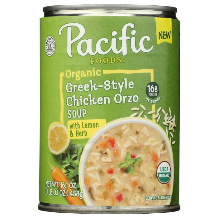 PACIFIC FOODS: Organic Greek Style Chicken Orzo with Lemon and Herb Soup, 16.1 oz