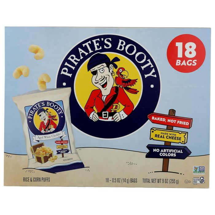 PIRATE BRANDS: Aged White Cheddar Rice and Corn Puffs 18 Count, 9 oz