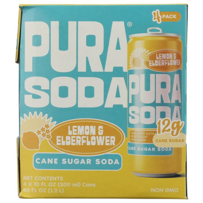 PURA SODA: Lemon Elderflower Soda 4 Count, 40.4 fo