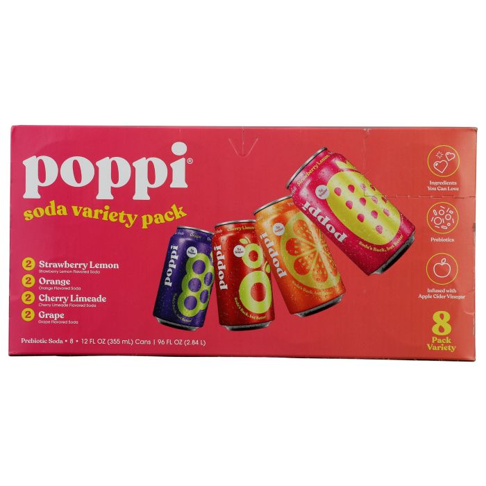 POPPI: Prebiotic Soda Variety Pack 8 Count, 96 fo