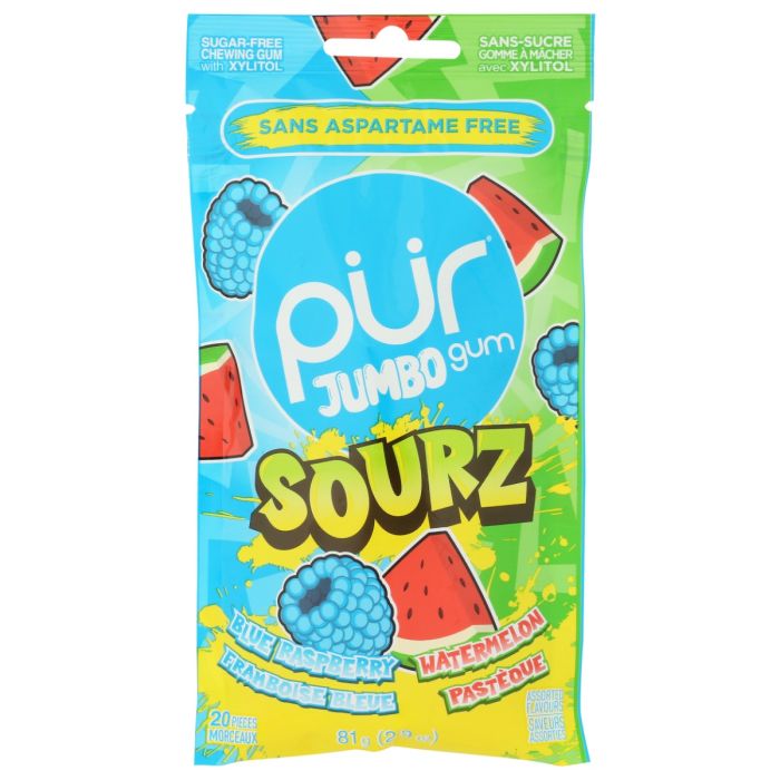 PUR: SOURZ Blue Raspberry and Watermelon Jumbo Gum 20pc, 2.9 oz