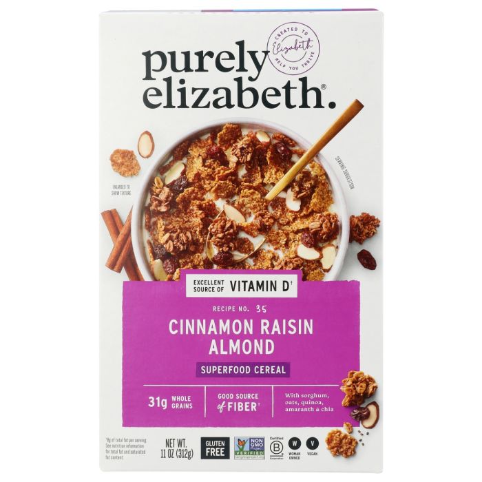 PURELY ELIZABETH: Cinnamon Raisin Almond Superfood Cereal With Vitamin D, 11 oz