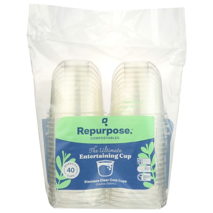 REPURPOSE: Compostable Stemless Clear Cold Cups 12 oz, 40 ea