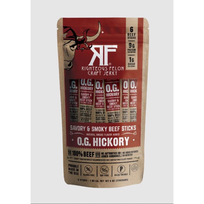 RIGHTEOUS FELON CRAFT JERKY: OG Hickory Beef Sticks 6pc, 6 oz