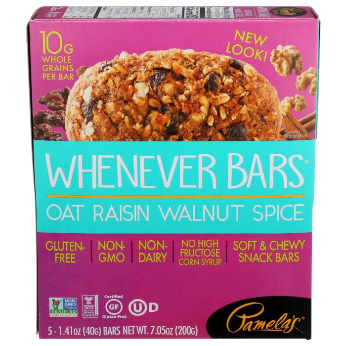 PAMELAS: Raisin Walnut Spice Whenever Bars 5Pack, 7.05 oz