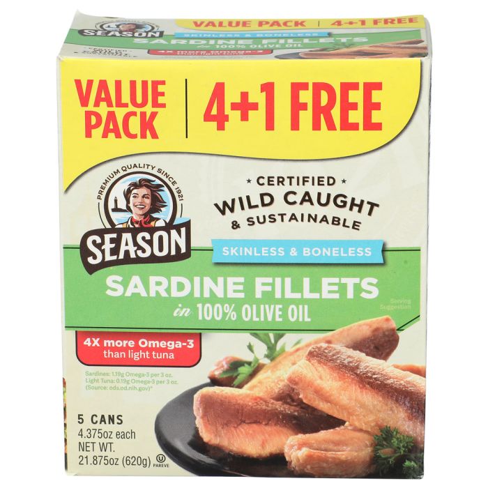 SEASONS: Skinless and Boneless Sardines in Olive Oil 5 Count, 21.87 oz
