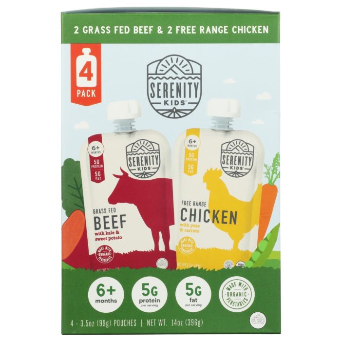 SERENITY KIDS: Free Range Chicken and Grass Fed Beef with Organic Vegetables Baby Food Pouches, 14 oz