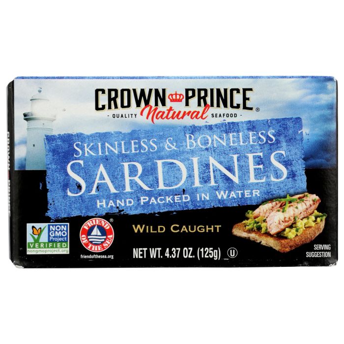 CROWN PRINCE: Skinless and Boneless Sardines Hand Packed In Water, 4.37 oz