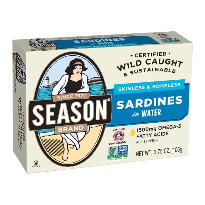 SEASONS: Sardines Skinless and Boneless in Water, 3.75 oz