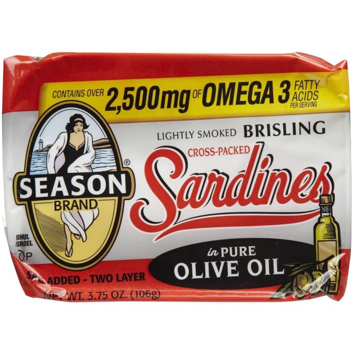 SEASONS: Crosspack Sardines Brisling in Pure Olive Oil, 3.75 oz