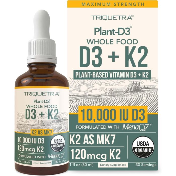 TRIQUETRA HEALTH: Vitamin D3 Plus K2 10000 IU Plant Based Supplement, 1 oz