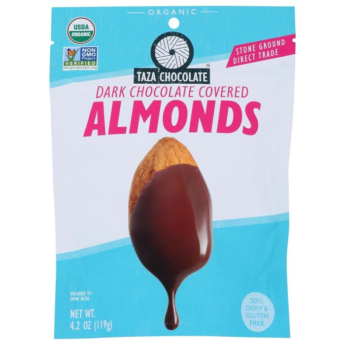 TAZA CHOCOLATE: Dark Chocolate Covered Almonds, 3.5 oz